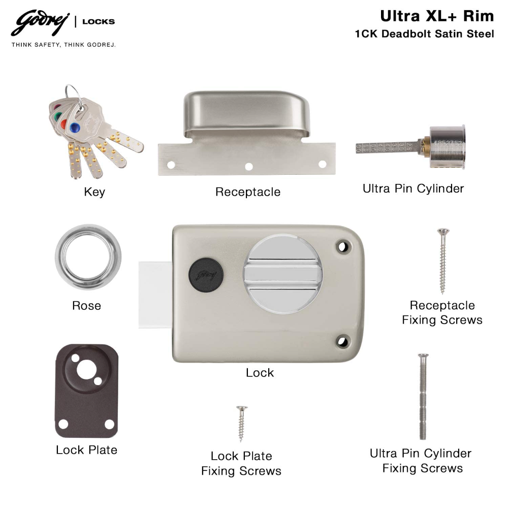 Godrej Rim Lock I Rim Deadbolt Ultra XL Plus I 1CK Deadbolt I For Inside Opening Wooden Main Door | Left or Right Handed Doors I 4 Keys I 5-Year Warranty I Manual Locking I Satin Nickel Finish